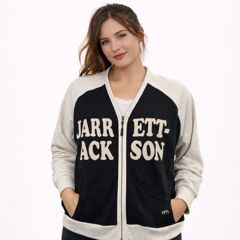 Barrett Jackson Zip Up Hoodie Size XL‎ Black Gray Chenille Letter Jacket Style